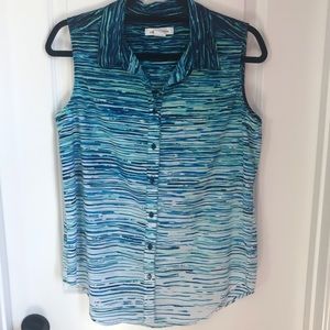 Blue Green Sleeveless Collared Shirt